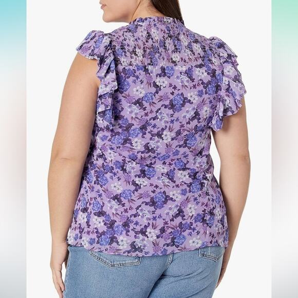 City Chic Bella Purple Floral Smocked Ruffle Sleeveless Blouse M / 18 - Picture 2 of 10